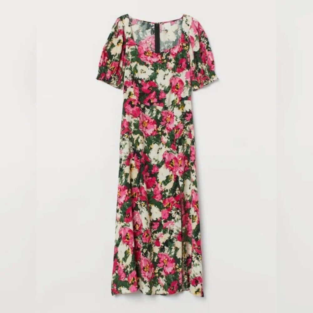H&M Women's Floral Patterned Midi Flowy Dress in Pink and Cream Size Medium - Picture 2 of 16
